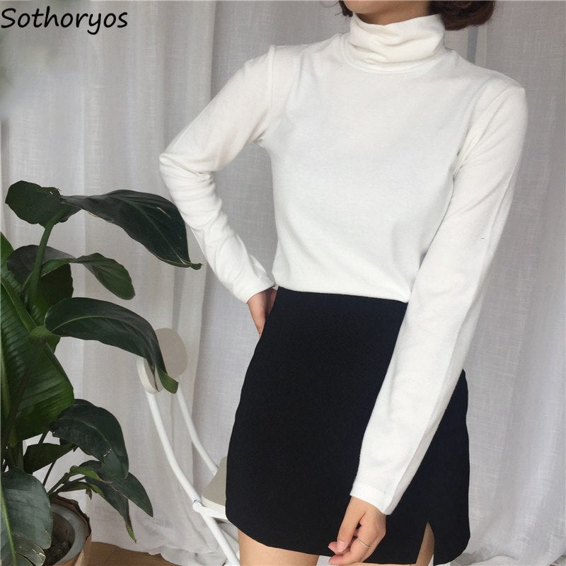 T-shirts Women Turtleneck Retro Chic Long Sleeve.