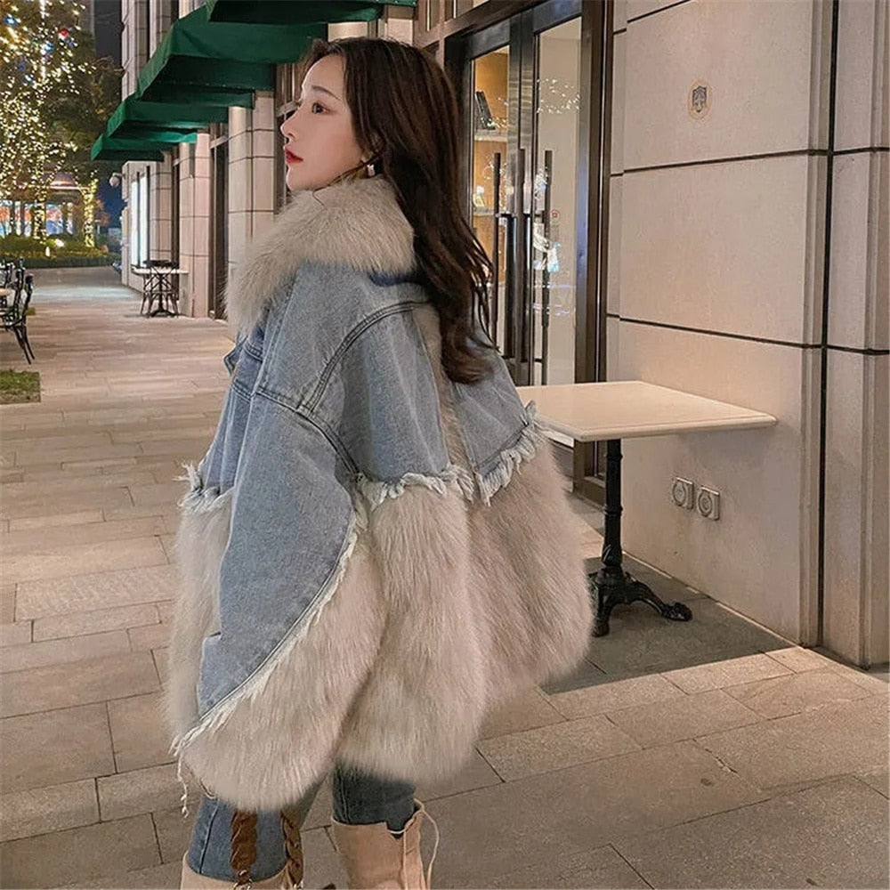 Denim Stitching Fur Coat