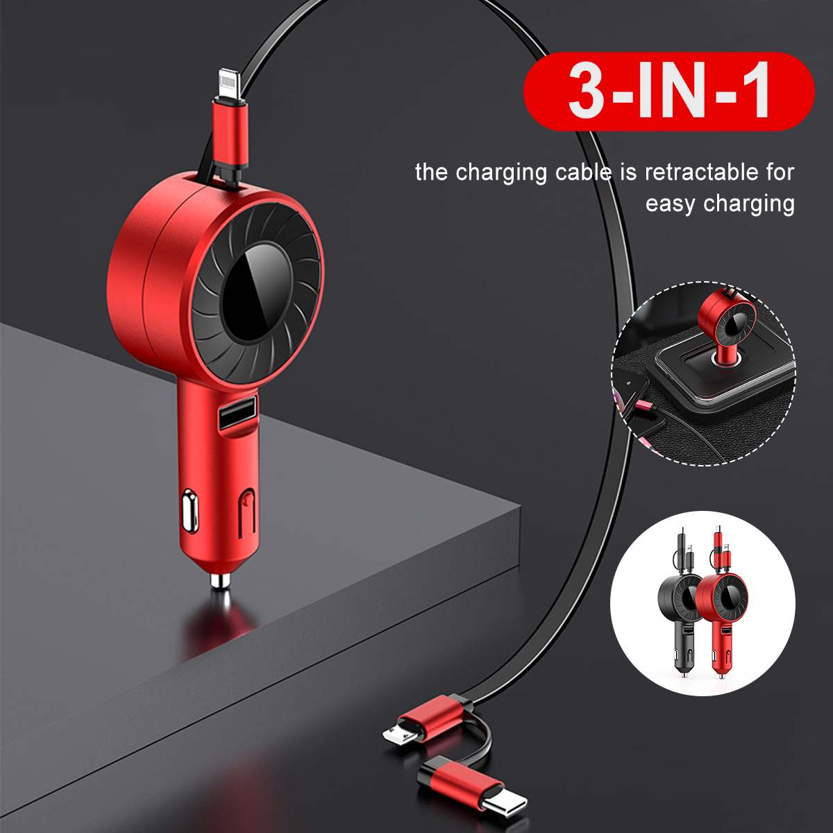 3-IN-1  IOS/Android/Type-C USB Car Charger