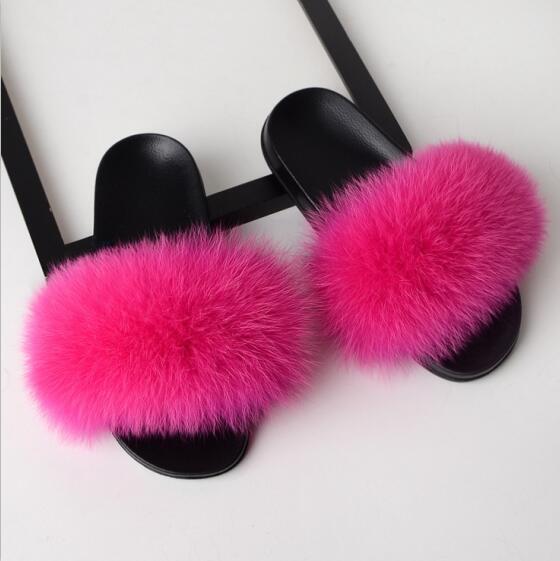 Solid Fox Fur Slides Slippers.