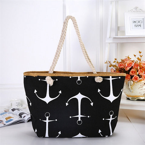 Image of Straw Weave Printed Anchor Canvas Bag