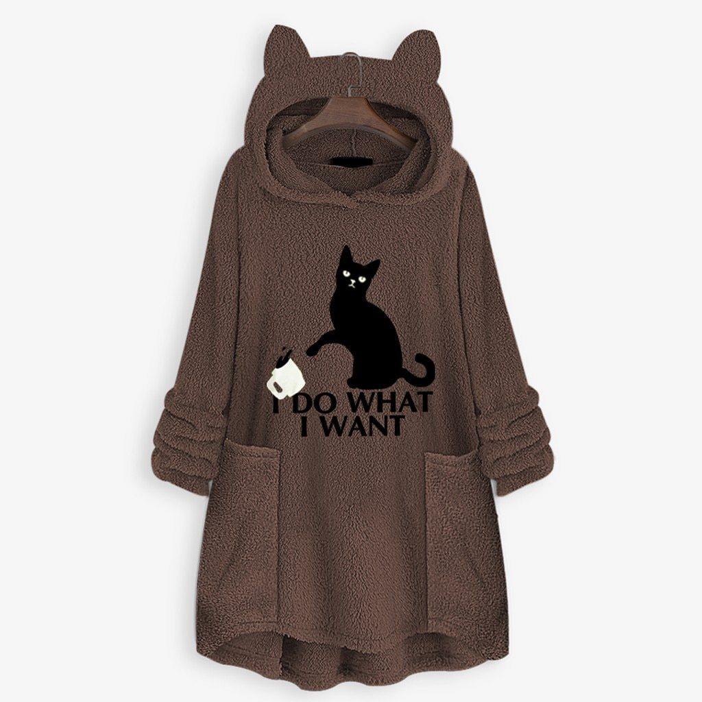 winter Fleece Cat Ear Long Pocket loose Casual Hoodie.
