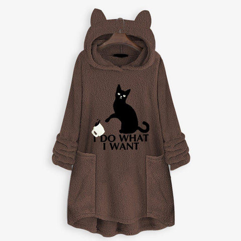 Image of winter Fleece Cat Ear Long Pocket loose Casual Hoodie.