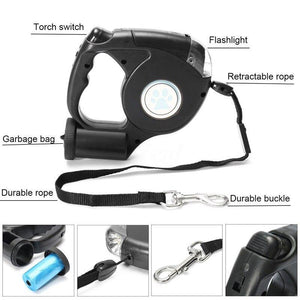 LED Flashlight Extendable Retractable Pet Dog Leash Lead with Garbage.