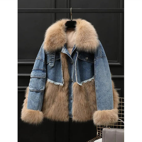 Image of Denim Stitching Fur Coat
