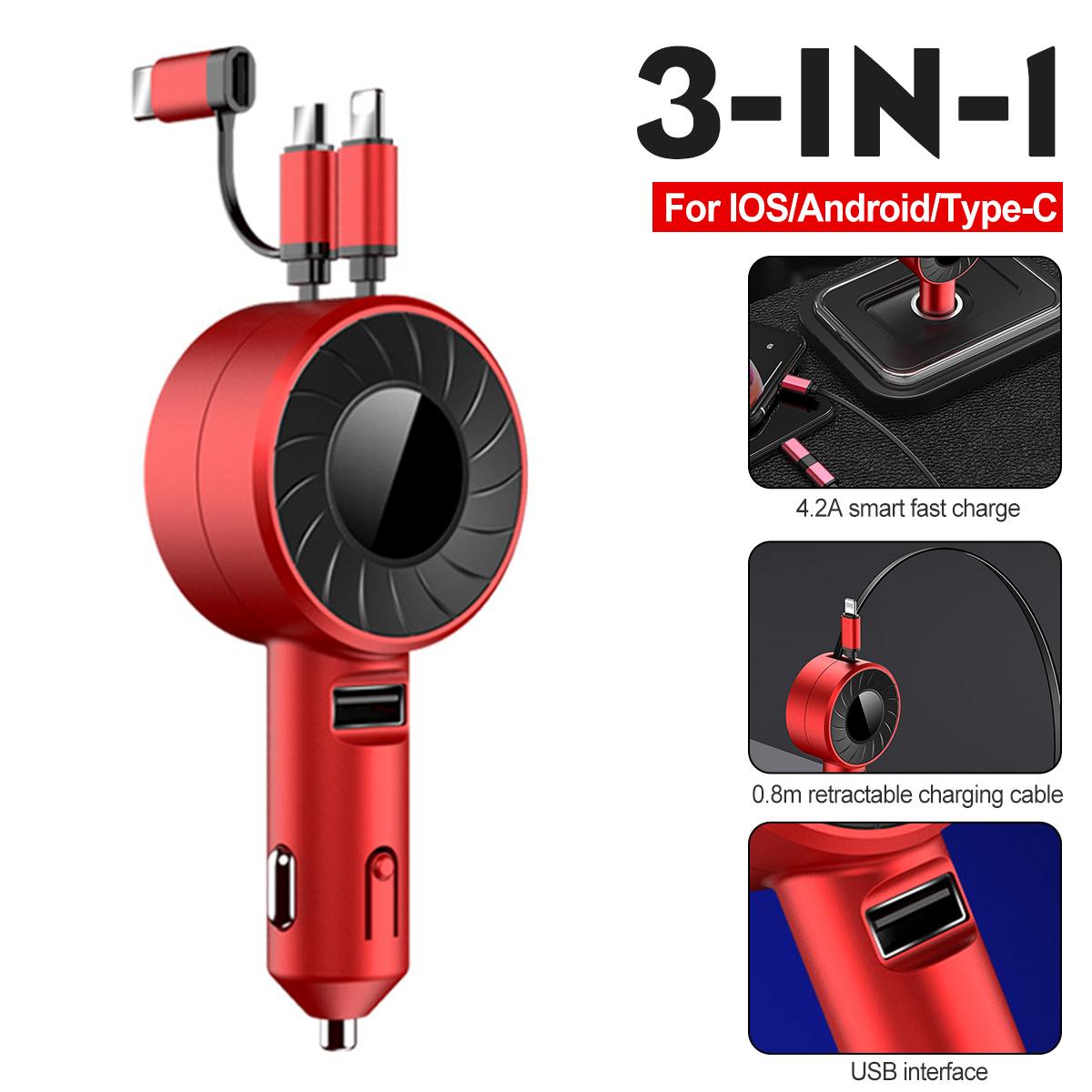 3-IN-1  IOS/Android/Type-C USB Car Charger