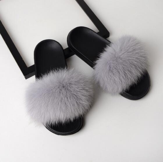 Solid Fox Fur Slides Slippers.