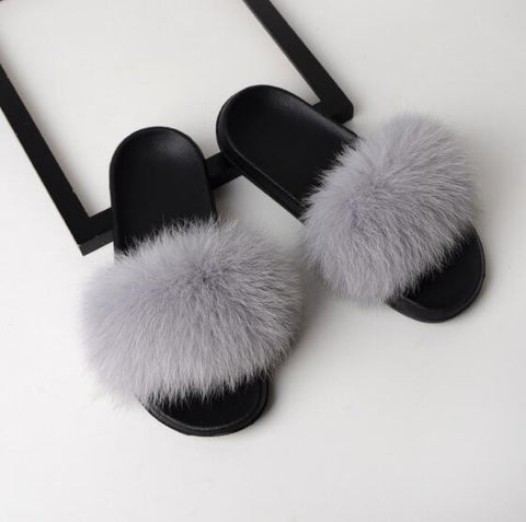Image of Solid Fox Fur Slides Slippers.