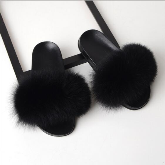 Solid Fox Fur Slides Slippers.