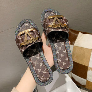 Metal Button Letter Flip Flops