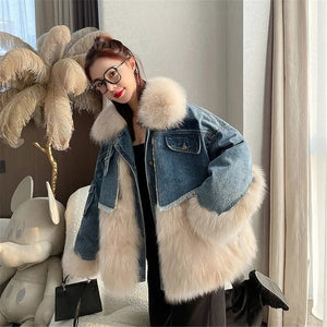 Denim Stitching Fur Coat