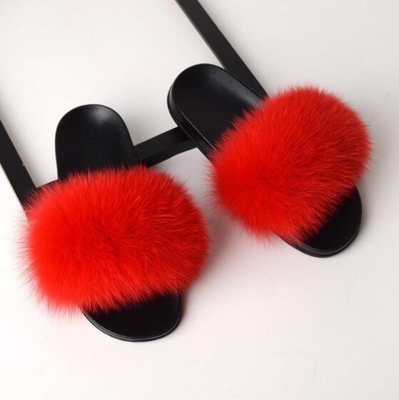 Solid Fox Fur Slides Slippers.