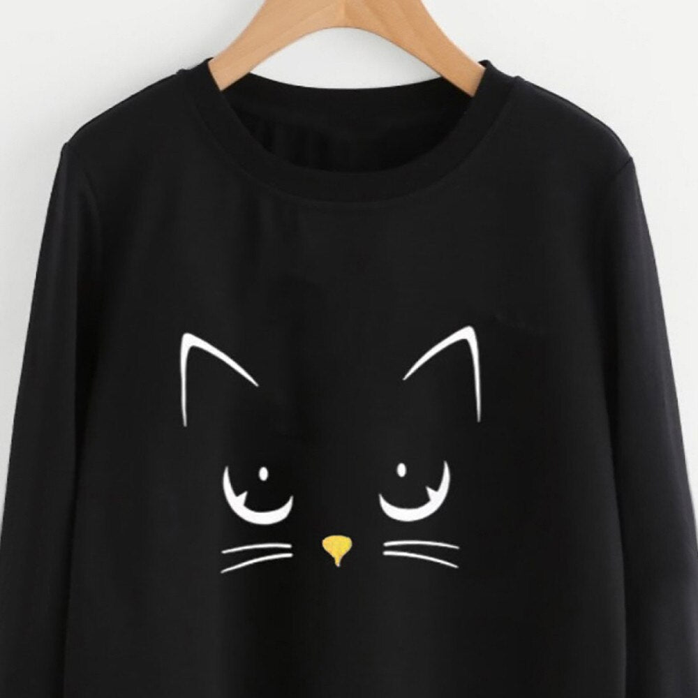 Cat Printing Round Neck Long Sleeve Warm Sweatshirts.