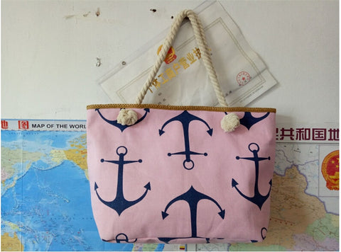 Image of Straw Weave Printed Anchor Canvas Bag