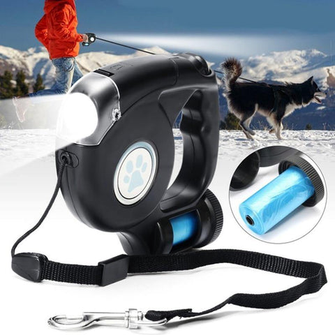 Image of LED Flashlight Extendable Retractable Pet Dog Leash Lead with Garbage.