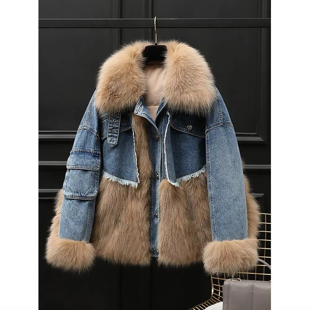 Denim Stitching Fur Coat