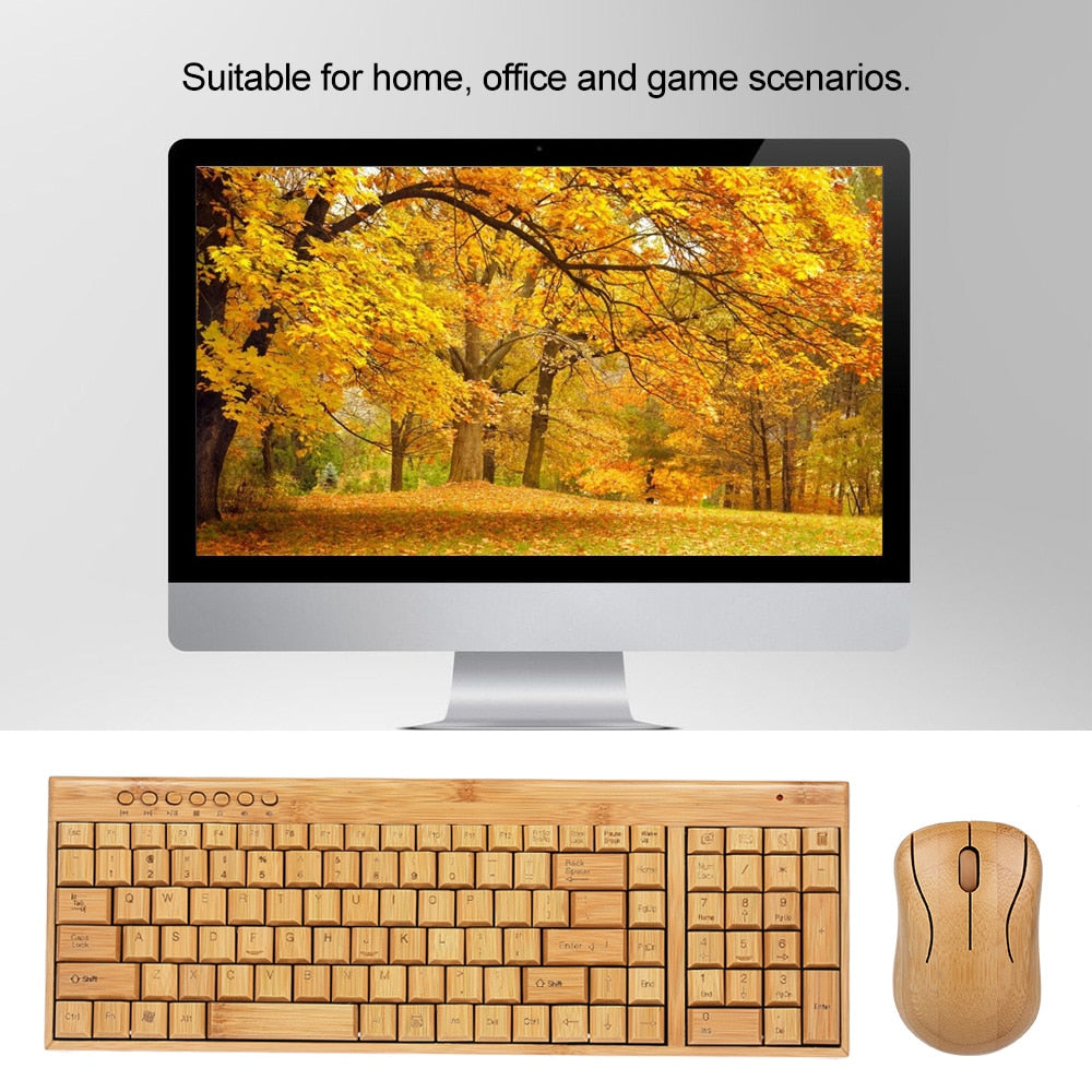 Wireless Bamboo PC Keyboard and Mouse Natural Wooden.