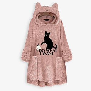 winter Fleece Cat Ear Long Pocket loose Casual Hoodie.