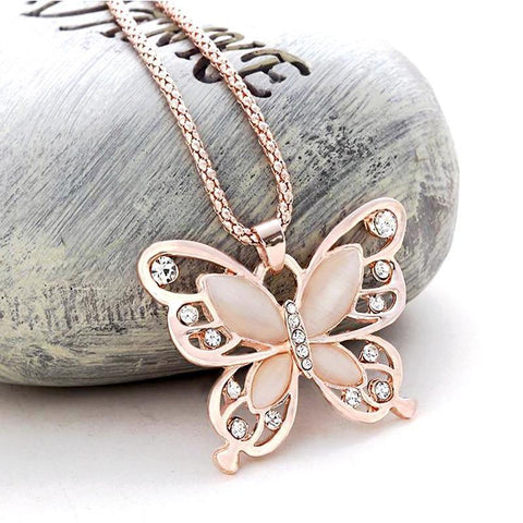 Image of Rose Gold Opal Butterfly Pendant  Necklace.