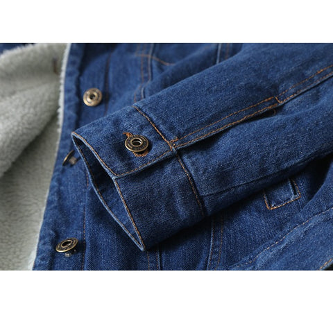 Image of Long Sleeves Warm Jeans Coat Outwear Wide Denim Jacket.