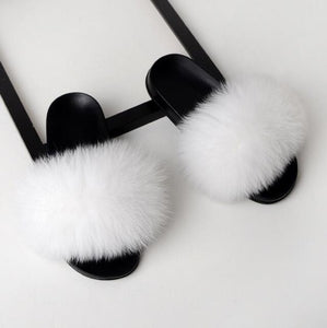 Solid Fox Fur Slides Slippers.