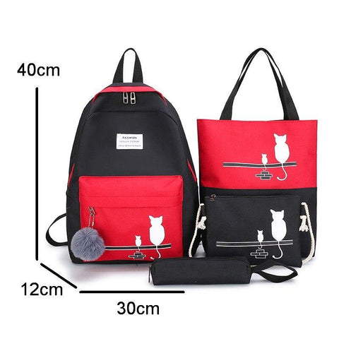 Image of FUNMARDI 4Pcs/Set Panelled Women Backpack Canvas Cat Pattern.