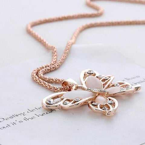 Image of Rose Gold Opal Butterfly Pendant  Necklace.