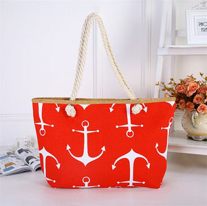 Straw Weave Printed Anchor Canvas Bag