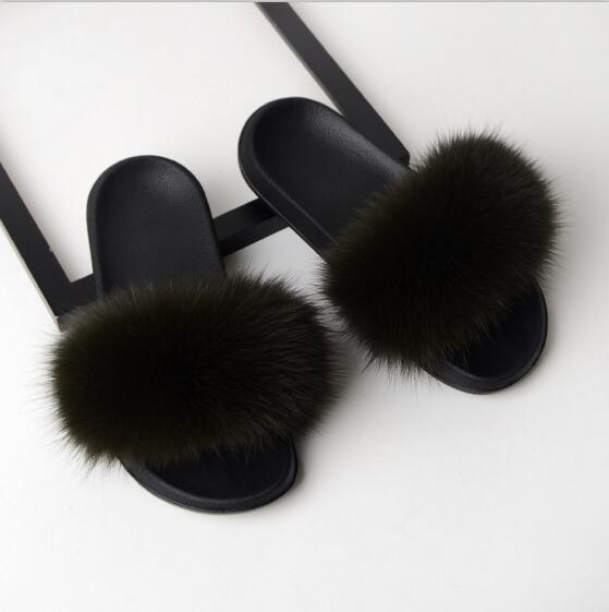 Solid Fox Fur Slides Slippers.