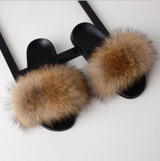 Solid Fox Fur Slides Slippers.