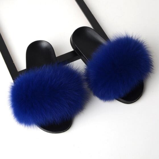 Solid Fox Fur Slides Slippers.