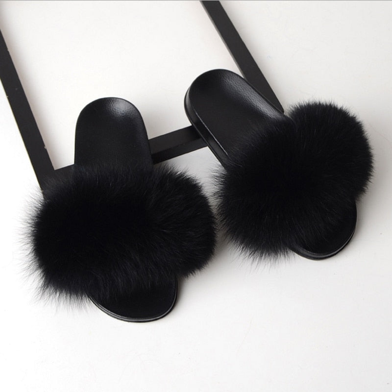 Solid Fox Fur Slides Slippers.