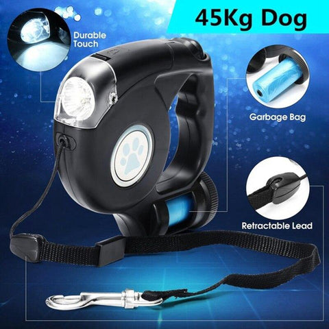 Image of LED Flashlight Extendable Retractable Pet Dog Leash Lead with Garbage.