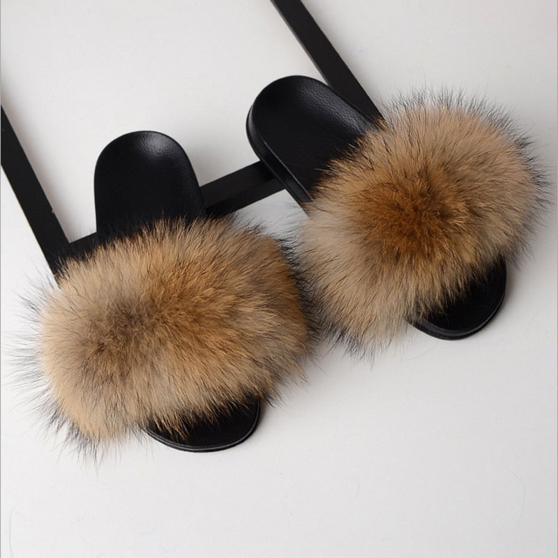 Solid Fox Fur Slides Slippers.