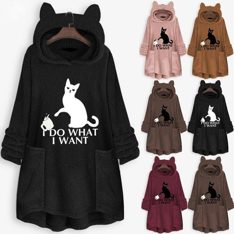 Image of winter Fleece Cat Ear Long Pocket loose Casual Hoodie.