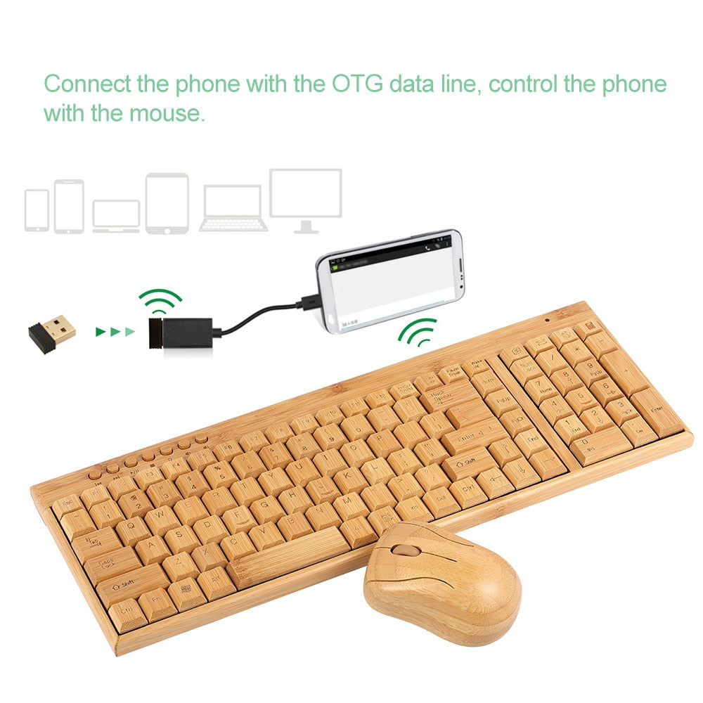 Wireless Bamboo PC Keyboard and Mouse Natural Wooden.