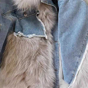 Denim Stitching Fur Coat