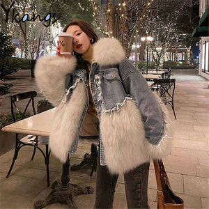 Denim Stitching Fur Coat