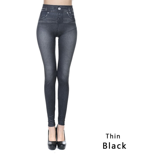 Women Fashion Faux Denim Jeans Leggings.