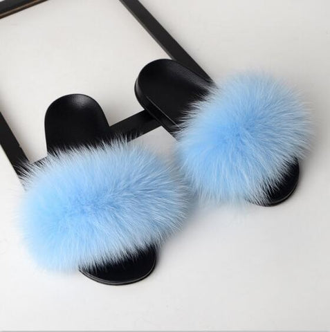 Image of Solid Fox Fur Slides Slippers.