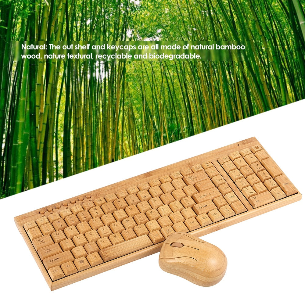 Wireless Bamboo PC Keyboard and Mouse Natural Wooden.