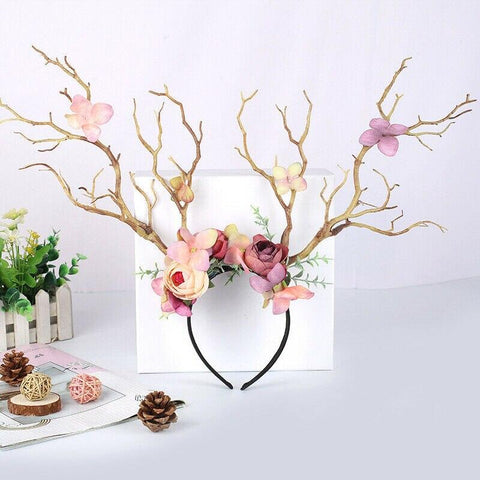Image of Gothic Antlers Deer Horns Flower Hair Band Christmas.