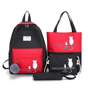 FUNMARDI 4Pcs/Set Panelled Women Backpack Canvas Cat Pattern.