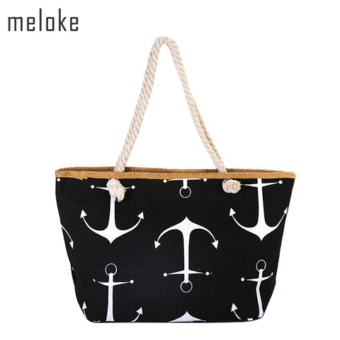 Image of Straw Weave Printed Anchor Canvas Bag