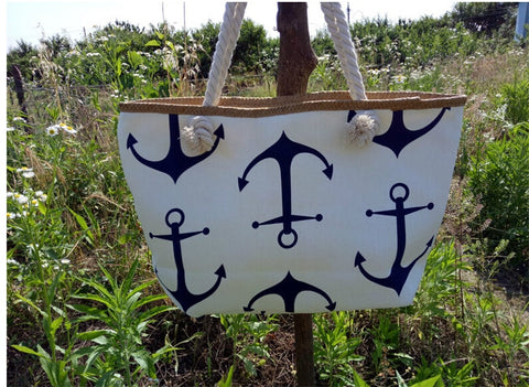 Image of Straw Weave Printed Anchor Canvas Bag