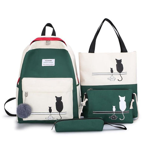 Image of FUNMARDI 4Pcs/Set Panelled Women Backpack Canvas Cat Pattern.