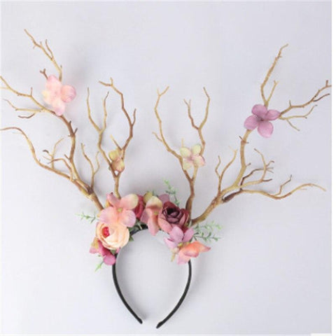 Image of Gothic Antlers Deer Horns Flower Hair Band Christmas.