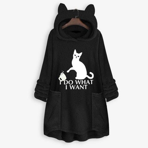 Image of winter Fleece Cat Ear Long Pocket loose Casual Hoodie.