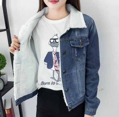 Image of Long Sleeves Warm Jeans Coat Outwear Wide Denim Jacket.