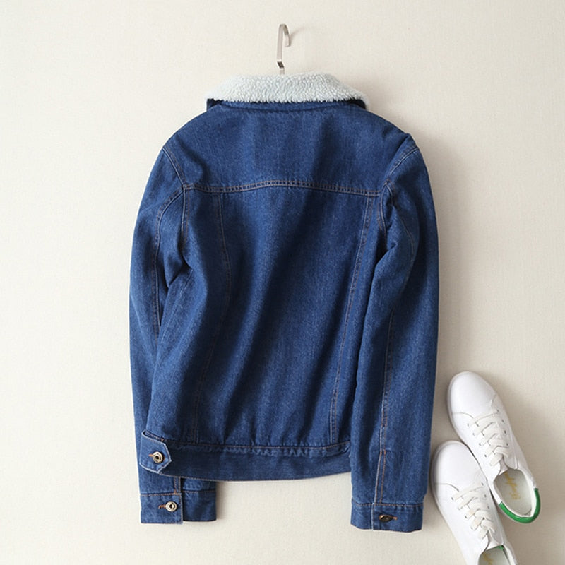 Long Sleeves Warm Jeans Coat Outwear Wide Denim Jacket.